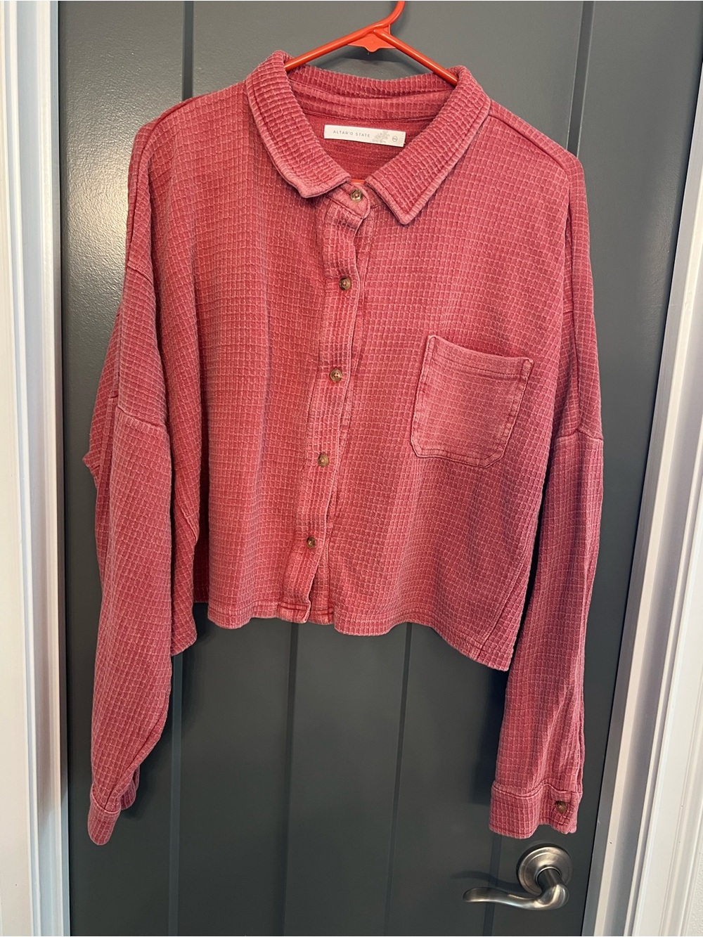 Altar'd State Waffle-Knit Button-Up in Rose , cropped size XXL. Skater, grunge.